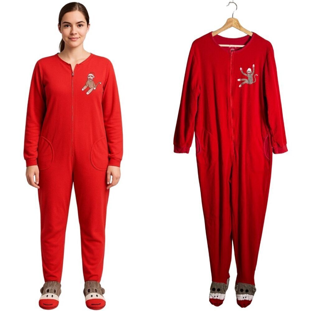 Nick & Nora Sock Monkey Footie Pajamas One Piece Jumpsuit Women's Large Red Cozy